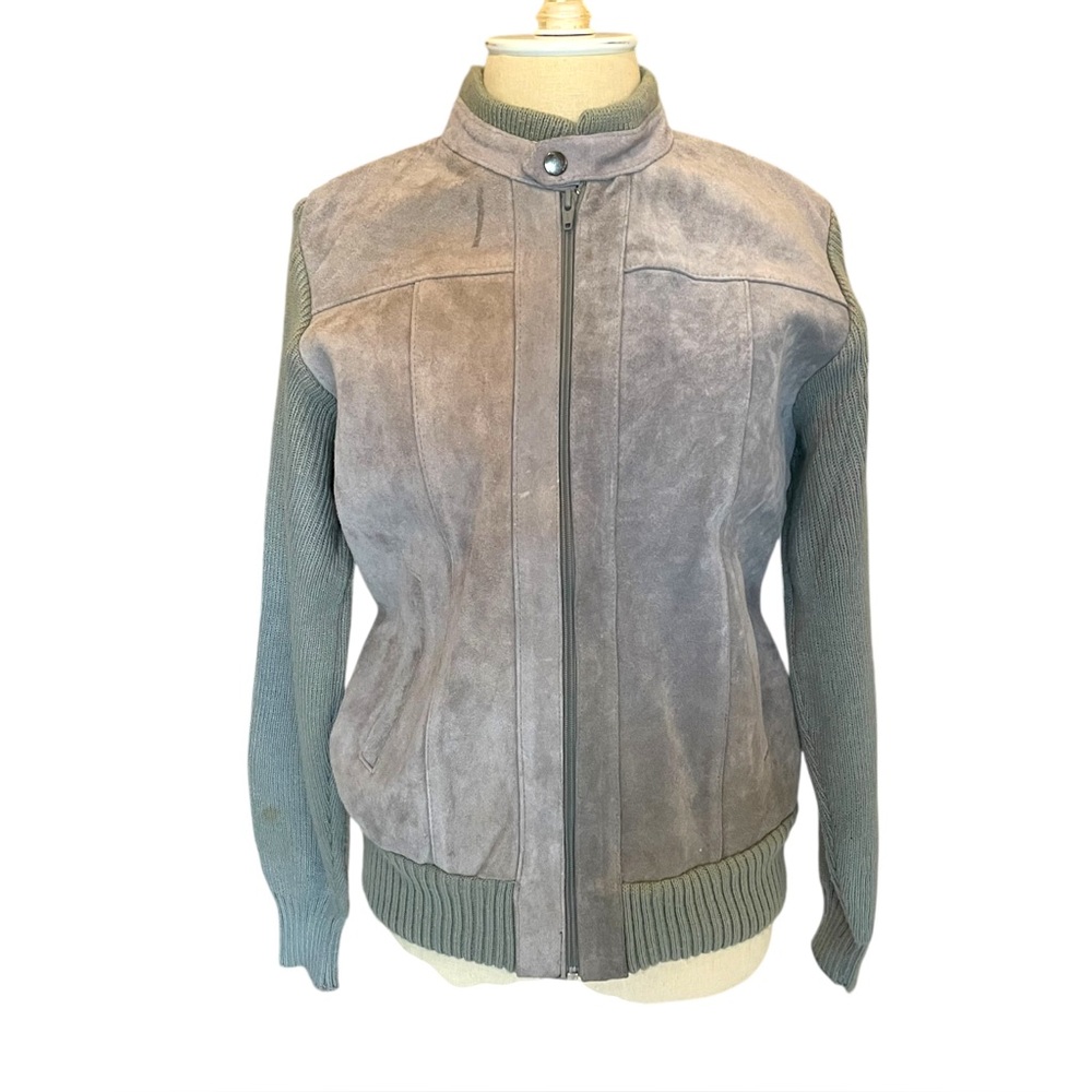 Branded Lion Vintage suede and knit sweater jacket. Snap collar, zip, lined Sz S